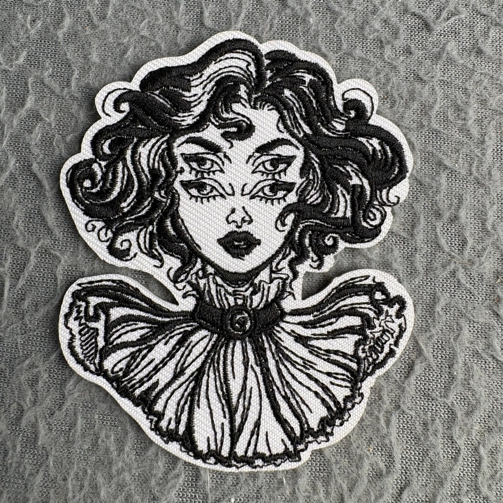 Four Eyed Woman Embroidered Patch Black White Gothic Surrealist Sew On Applique
